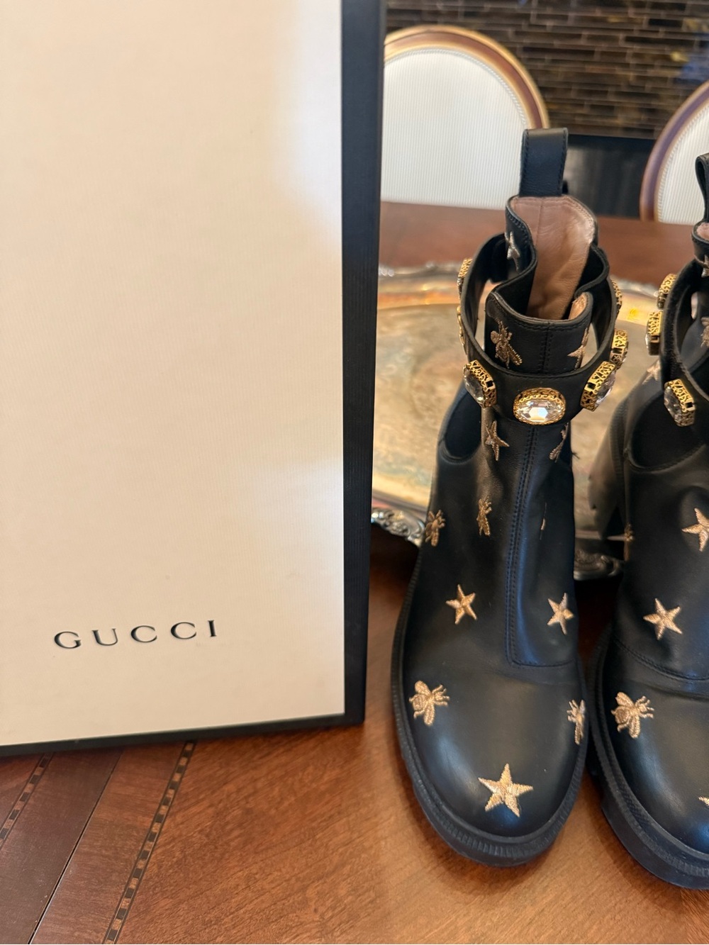 Gucci Black Woman’s Bee & Star Embroidered Chelsea Boots with Jeweled Strap - Picture 6 of 9